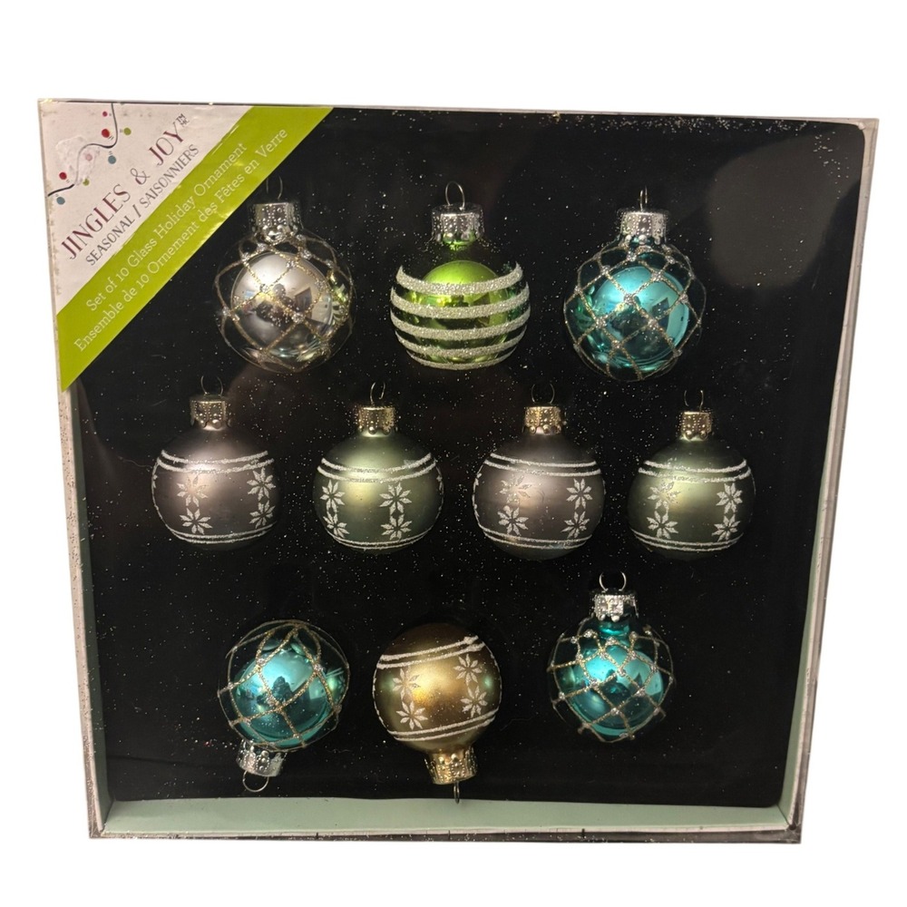 Jingles &‎ Joy Evergreen Creek | Set of 10 | Glass Ornaments | Teal Sage Silver